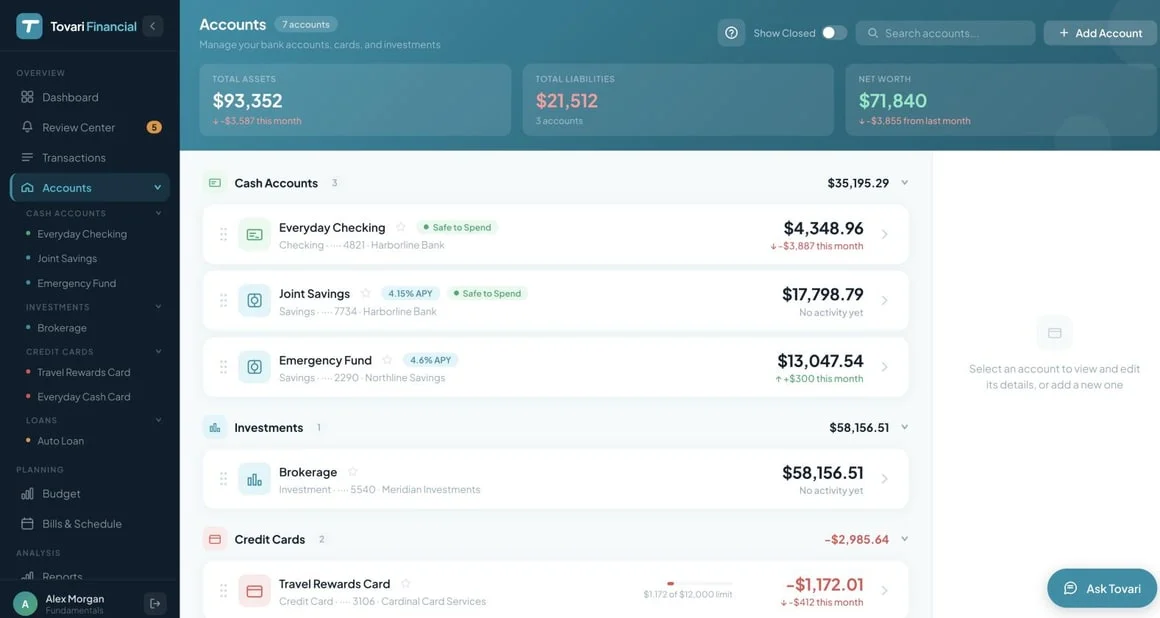 The web Accounts screen: Total Assets, Total Liabilities and Net Worth tiles, accounts grouped under Cash Accounts, Investments and Credit Cards, and the side panel waiting for an account to be selected.