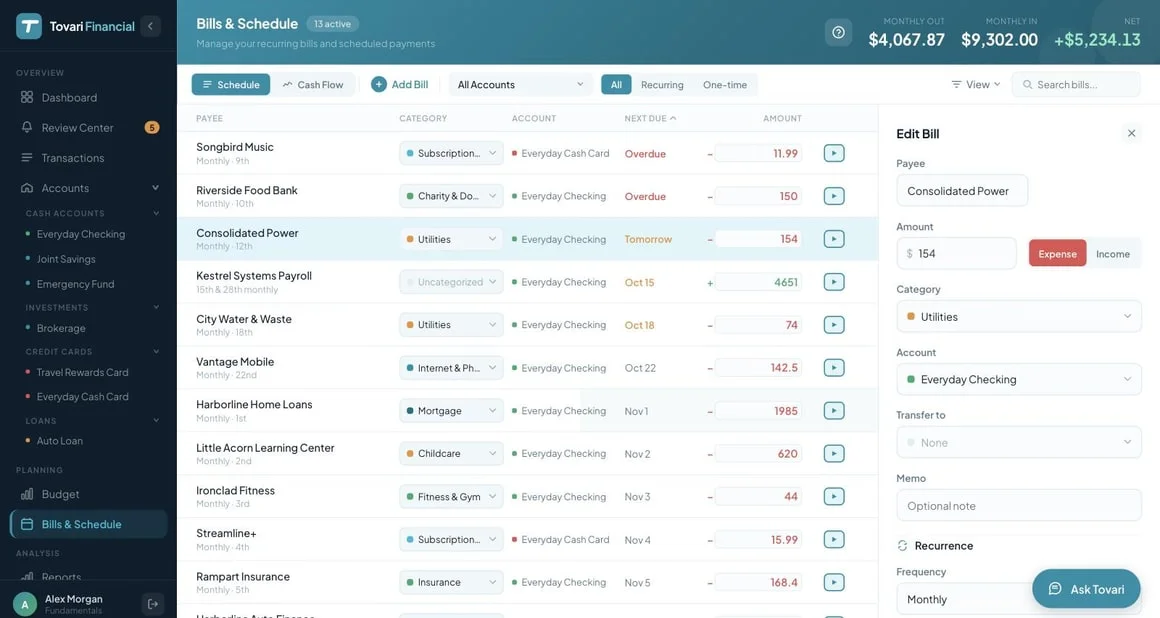 The web Bills & Schedule screen: monthly out, in and net in the header, All, Recurring and One-time filters, bills listed by next due date, and the Edit Bill panel open on a monthly bill.
