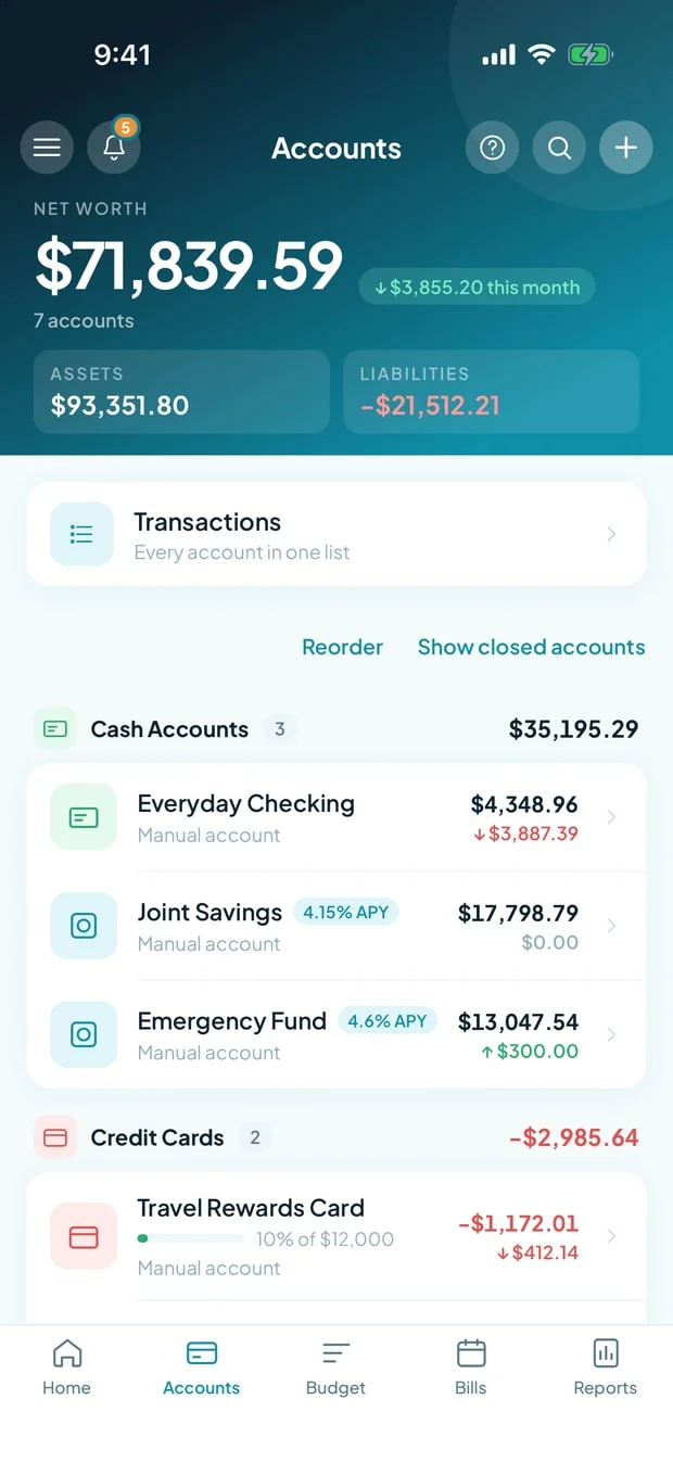 The Accounts tab in the mobile app: net worth, assets and liabilities at the top, a Transactions card for every account in one list, then accounts grouped under Cash Accounts and Credit Cards.