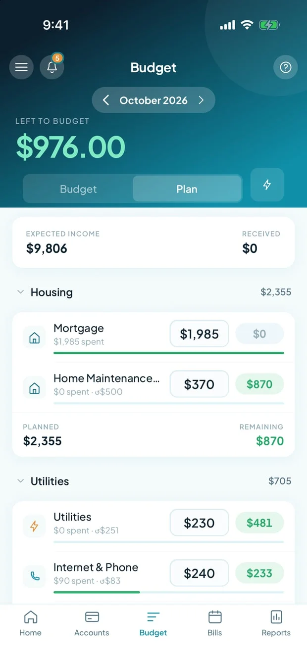The Plan view of the budget in the mobile app: Left to Budget at the top, then each envelope's monthly amount in an editable box with what is left beside it.