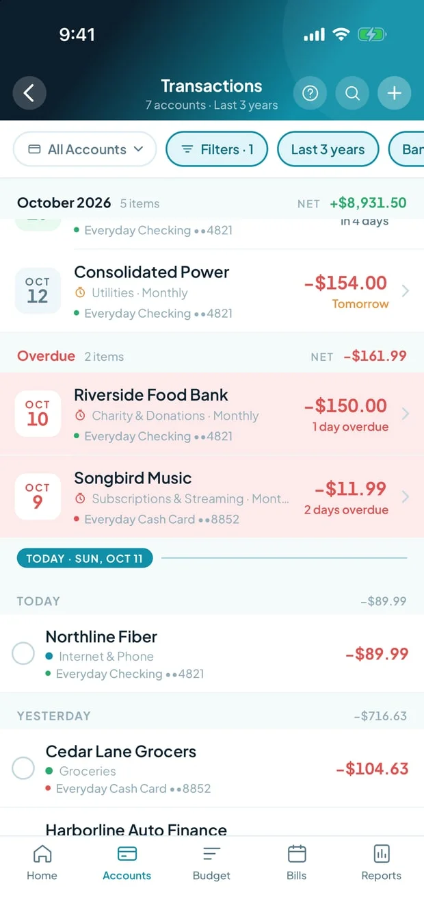 The Transactions screen in the mobile app: the All Accounts chip and Filters, upcoming bills and two overdue ones above Today, then posted transactions, each naming its account.