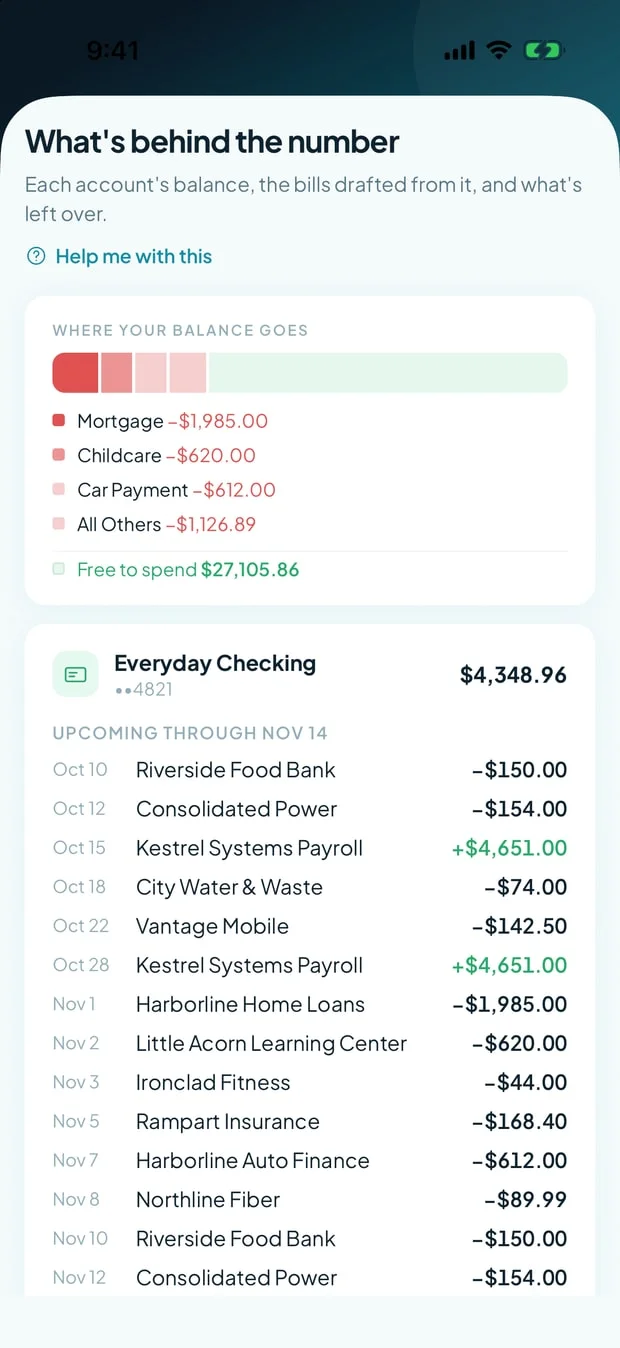 The Safe to Spend breakdown in the mobile app: a bar showing where the balance goes and what is free to spend, then Everyday Checking with its balance and the bills and paychecks due through Nov 14.