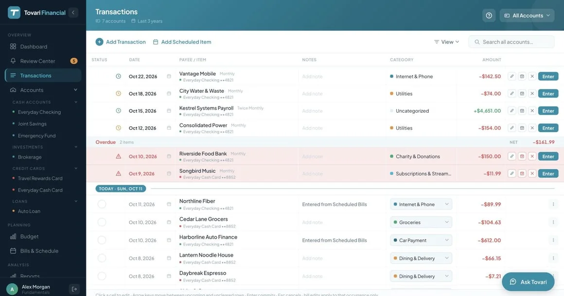 The web Transactions screen: every account in one list, with the account filter at the top right, upcoming bills and two overdue ones above the Today marker, then posted transactions, each showing its account under the payee.