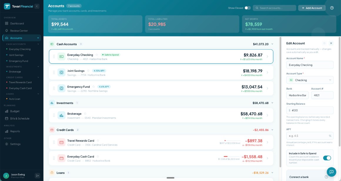 The accounts list, showing checking, savings, credit card and loan balances rolled into a net worth total.