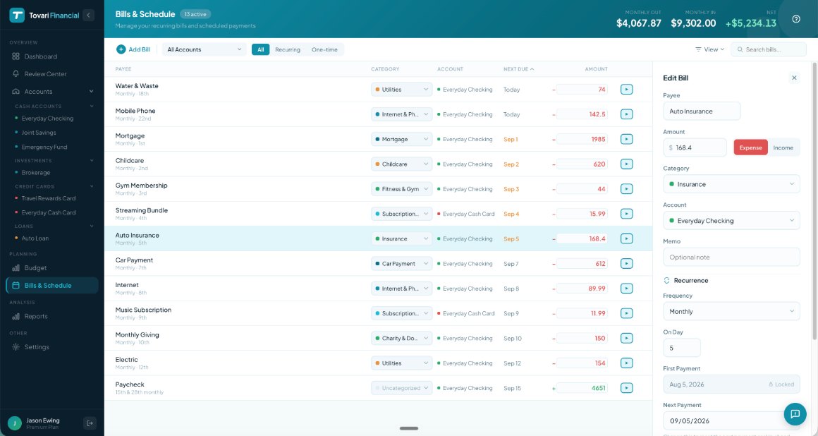 The bills and schedule view, listing every recurring payment with its due date and amount.
