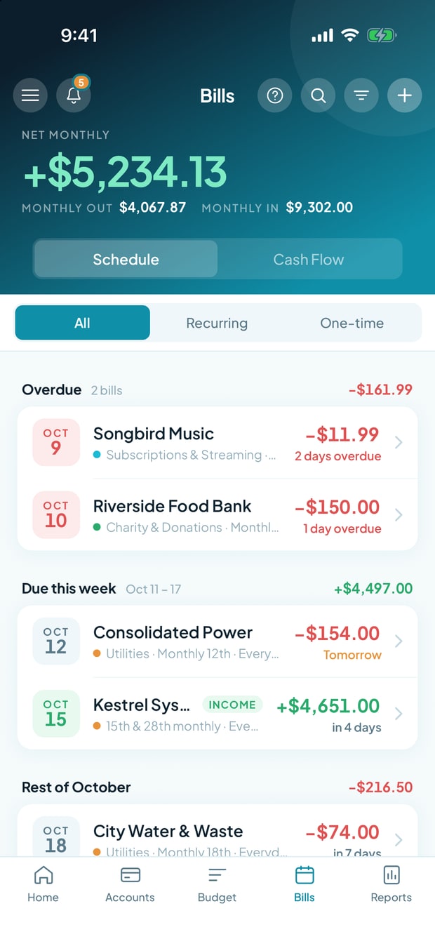 Tovari on iPhone, bills grouped into overdue, due this week and the rest of the month.