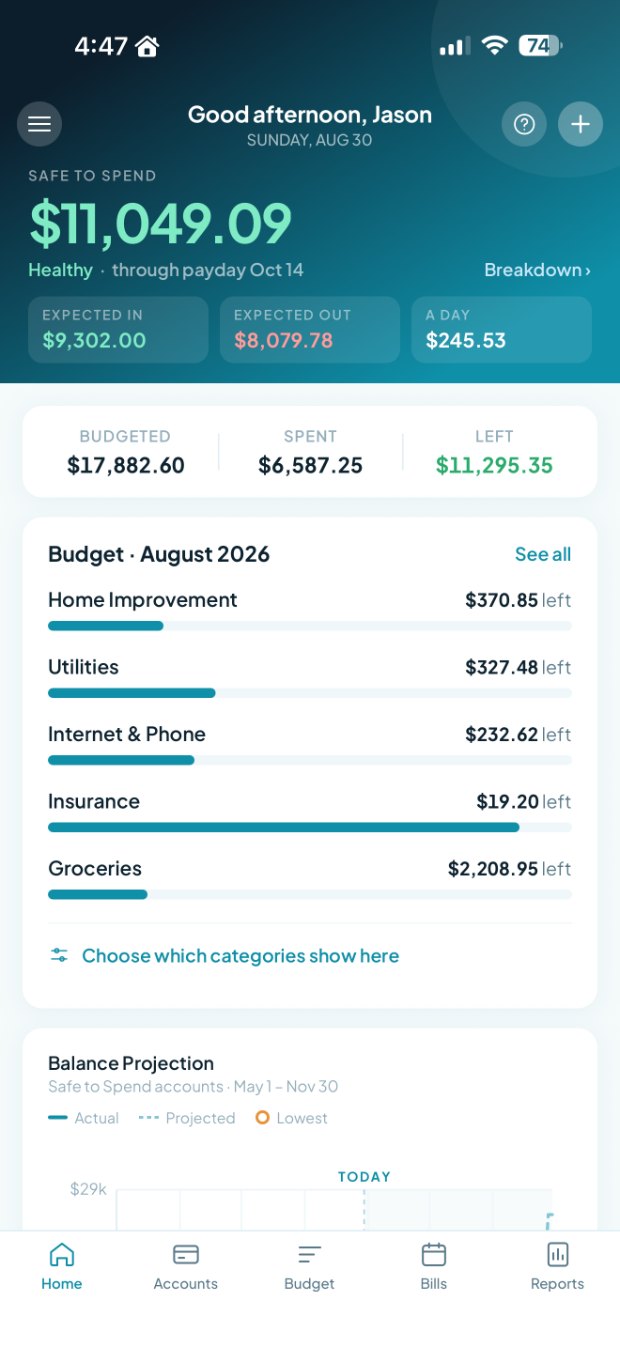 The Tovari iPhone dashboard, showing the Safe to Spend number above the month's budget.