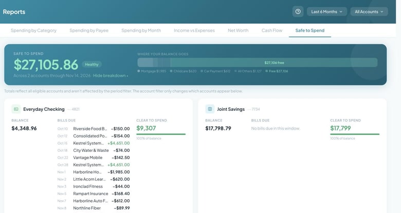 The Safe to Spend report, showing each account's balance and every bill due before the number.