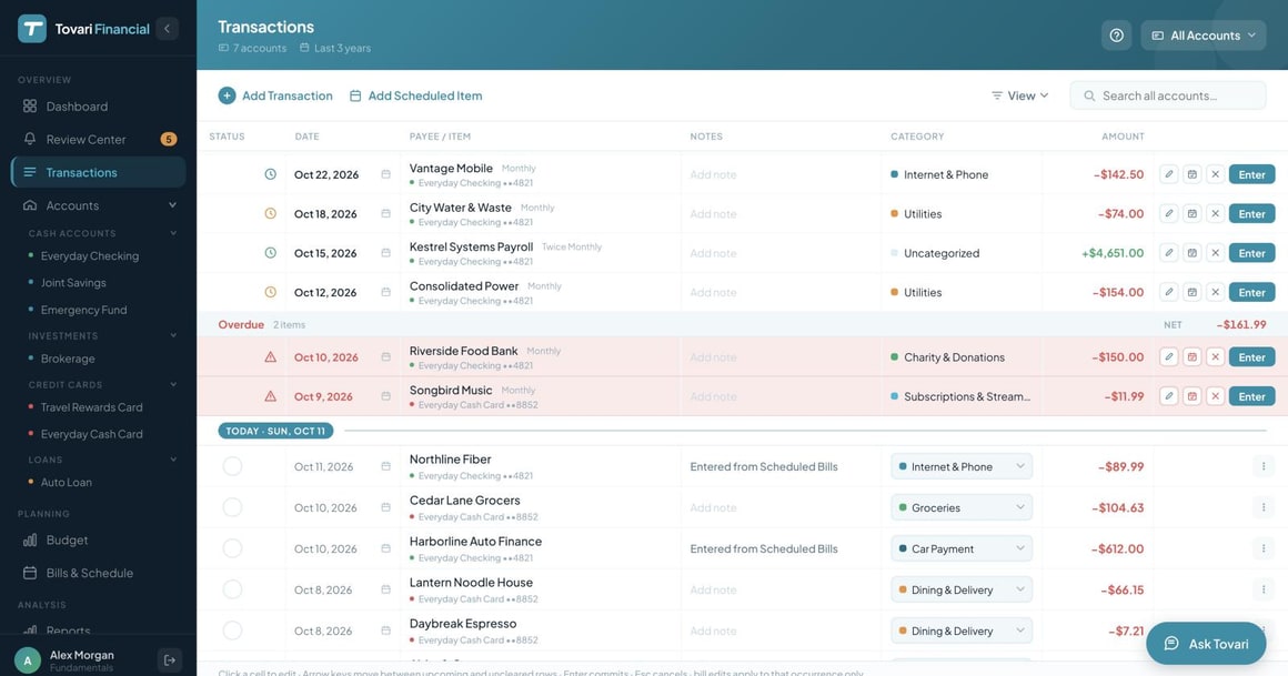 The Transactions screen, listing every account in one register with upcoming bills above today and recent transactions below.